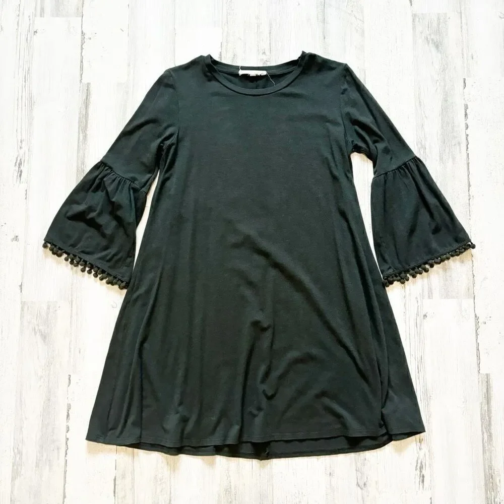 Johnny Was Calme Flute Sleeve with Pom Pom Trim Swing Dress Olive Green XS